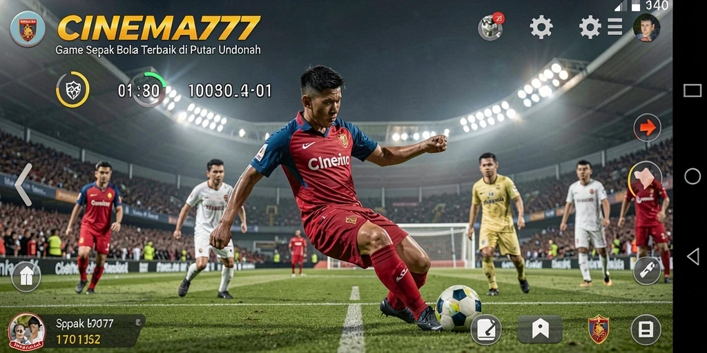 Screenshot CINEMA777 menampilkan aksi seru di lapangan sepak bola.