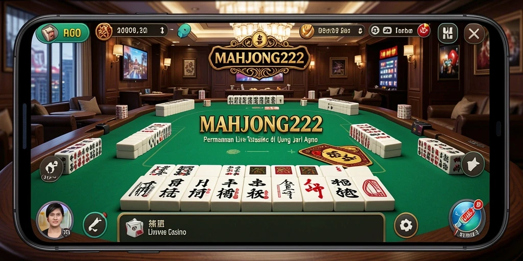 Screenshot gameplay MAHJONG222 dengan dealer langsung dan suasana kasino yang seru.