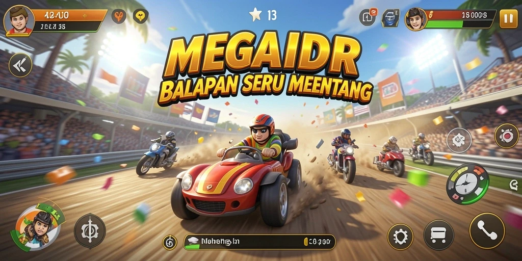 Tampilan seru gameplay MEGAIDR dalam balapan yang menantang.