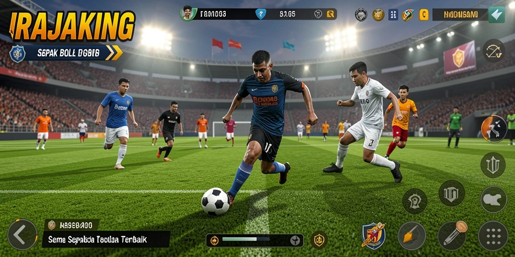 Tampilan gameplay menarik dari RAJAKING yang menampilkan aksi sepak bola.