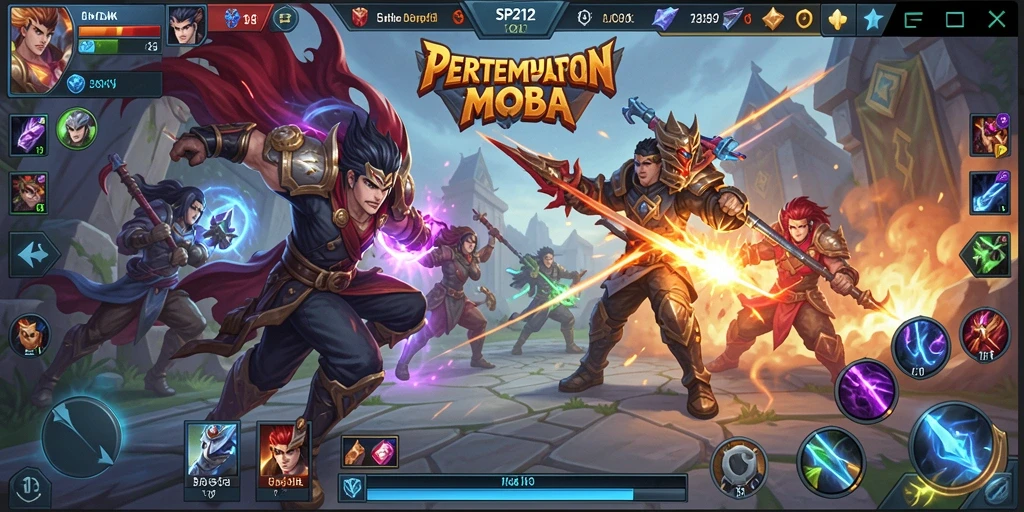 Gameplay SP212 menampilkan pertempuran seru antara hero yang berbeda.