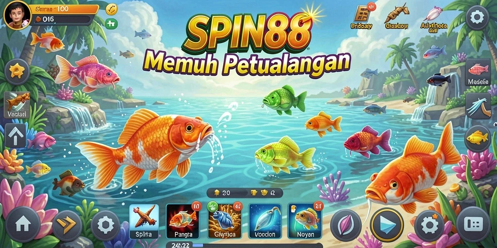Tampilan gameplay SPIN88 dengan keseruan saat memancing ikan.